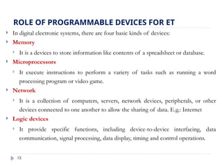 15
ROLE OF PROGRAMMABLE DEVICES FOR ET
 In digital electronic systems, there are four basic kinds of devices:
 Memory
 It is a devices to store information like contents of a spreadsheet or database.
 Microprocessors
 It execute instructions to perform a variety of tasks such as running a word
processing program or video game.
 Network
 It is a collection of computers, servers, network devices, peripherals, or other
devices connected to one another to allow the sharing of data. E.g.: Internet
 Logic devices
 It provide specific functions, including device-to-device interfacing, data
communication, signal processing, data display, timing and control operations.
 
