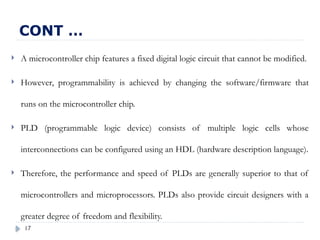 17
 A microcontroller chip features a fixed digital logic circuit that cannot be modified.
 However, programmability is achieved by changing the software/firmware that
runs on the microcontroller chip.
 PLD (programmable logic device) consists of multiple logic cells whose
interconnections can be configured using an HDL (hardware description language).
 Therefore, the performance and speed of PLDs are generally superior to that of
microcontrollers and microprocessors. PLDs also provide circuit designers with a
greater degree of freedom and flexibility.
CONT …
 