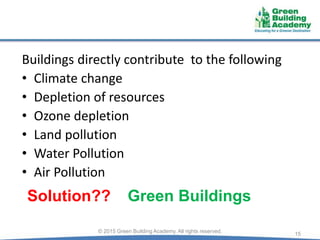 Buildings directly contribute to the following
• Climate change
• Depletion of resources
• Ozone depletion
• Land pollution
• Water Pollution
• Air Pollution
15© 2015 Green Building Academy. All rights reserved.
Solution?? Green Buildings
 