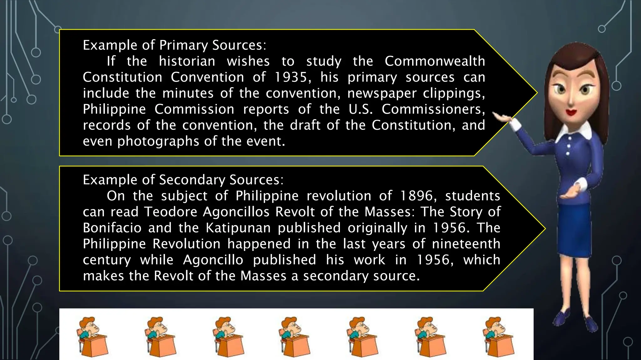 Example of Primary Sources:
If the historian wishes to study the Commonwealth
Constitution Convention of 1935, his primary sources can
include the minutes of the convention, newspaper clippings,
Philippine Commission reports of the U.S. Commissioners,
records of the convention, the draft of the Constitution, and
even photographs of the event.
Example of Secondary Sources:
On the subject of Philippine revolution of 1896, students
can read Teodore Agoncillos Revolt of the Masses: The Story of
Bonifacio and the Katipunan published originally in 1956. The
Philippine Revolution happened in the last years of nineteenth
century while Agoncillo published his work in 1956, which
makes the Revolt of the Masses a secondary source.
 