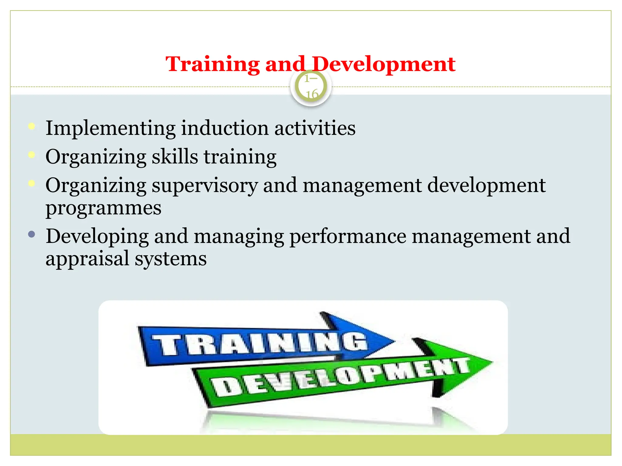 1–
16
 Implementing induction activities
 Organizing skills training
 Organizing supervisory and management development
programmes
 Developing and managing performance management and
appraisal systems
Training and Development
 