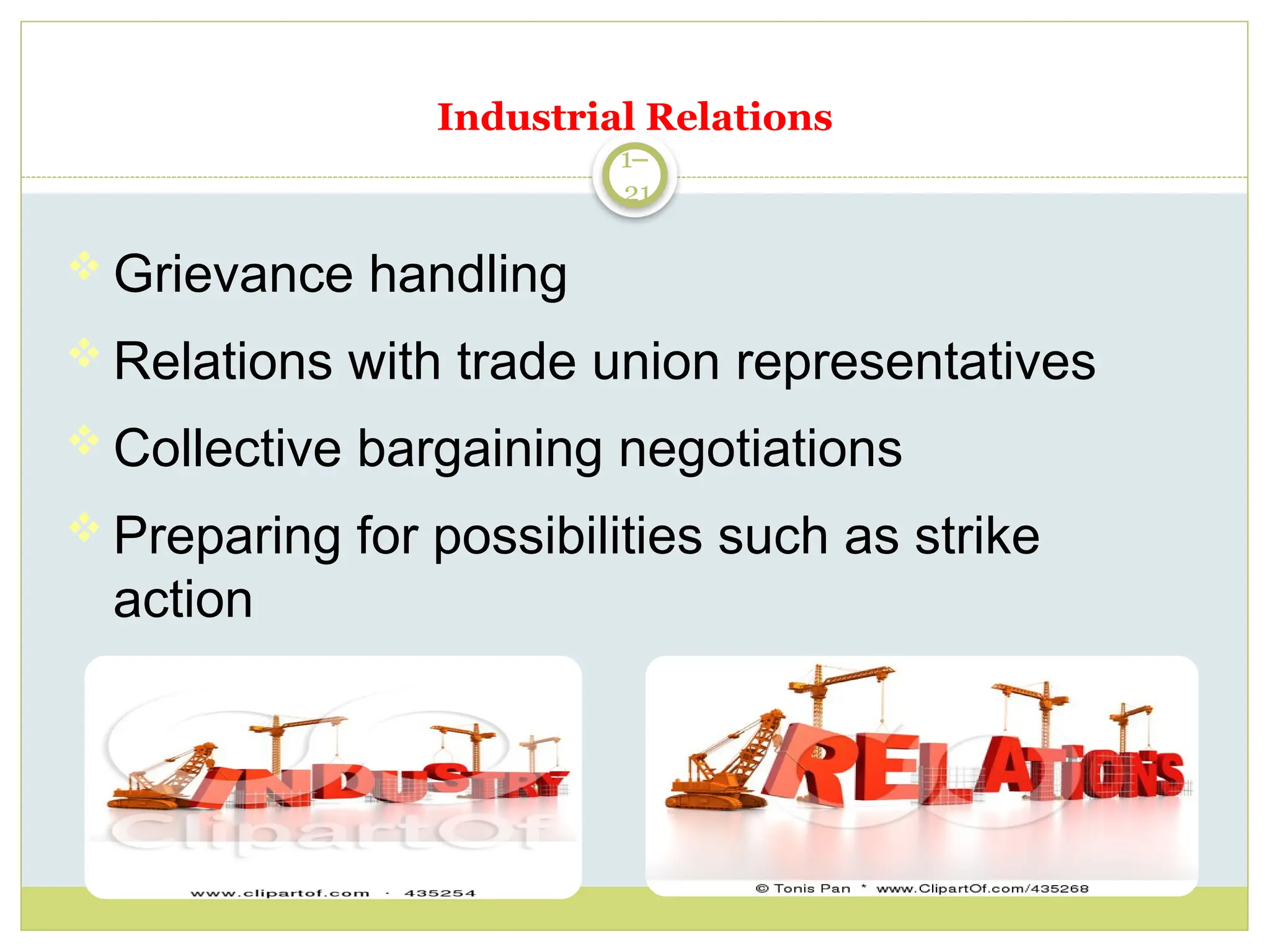 1–
21
 Grievance handling
 Relations with trade union representatives
 Collective bargaining negotiations
 Preparing for possibilities such as strike
action
Industrial Relations
 