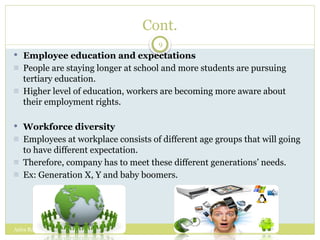 Azira Rahim (Faculty Business & Management)
9
Cont.
 Employee education and expectations
- People are staying longer at school and more students are pursuing
tertiary education.
- Higher level of education, workers are becoming more aware about
their employment rights.
 Workforce diversity
- Employees at workplace consists of different age groups that will going
to have different expectation.
- Therefore, company has to meet these different generations’ needs.
- Ex: Generation X, Y and baby boomers.
 