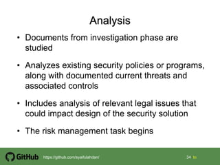 34 34 tohttps://github.com/syaifulahdan/
• Documents from investigation phase are
studied
• Analyzes existing security policies or programs,
along with documented current threats and
associated controls
• Includes analysis of relevant legal issues that
could impact design of the security solution
• The risk management task begins
 