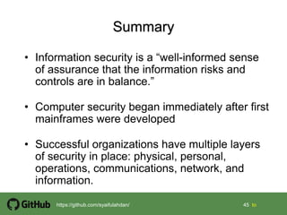 45 45 tohttps://github.com/syaifulahdan/
• Information security is a “well-informed sense
of assurance that the information risks and
controls are in balance.”
• Computer security began immediately after first
mainframes were developed
• Successful organizations have multiple layers
of security in place: physical, personal,
operations, communications, network, and
information.
 