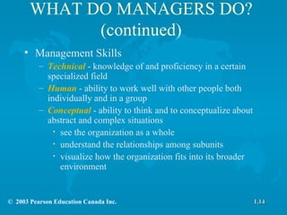 WHAT DO MANAGERS DO? (continued) Management Skills Technical   - knowledge of and proficiency in a certain specialized field Human  - ability to work well with other people both individually and in a group Conceptual  - ability to think and to conceptualize about abstract and complex situations see the organization as a whole understand the relationships among subunits visualize how the organization fits into its broader environment 1.14 