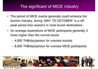 The significant of MICE industry
The period of MICE events generally could enhance the
tourism industry, during MAY TO OCTOBER is a off-
peak period (low season) in most tourist destinations
An average expenditure of MICE participants generally 3
times higher than the normal tourist
   4,000 THB/day/person for oversea tourists
   8,000 THB/day/person for oversea MICE participants



                                                          29
 
