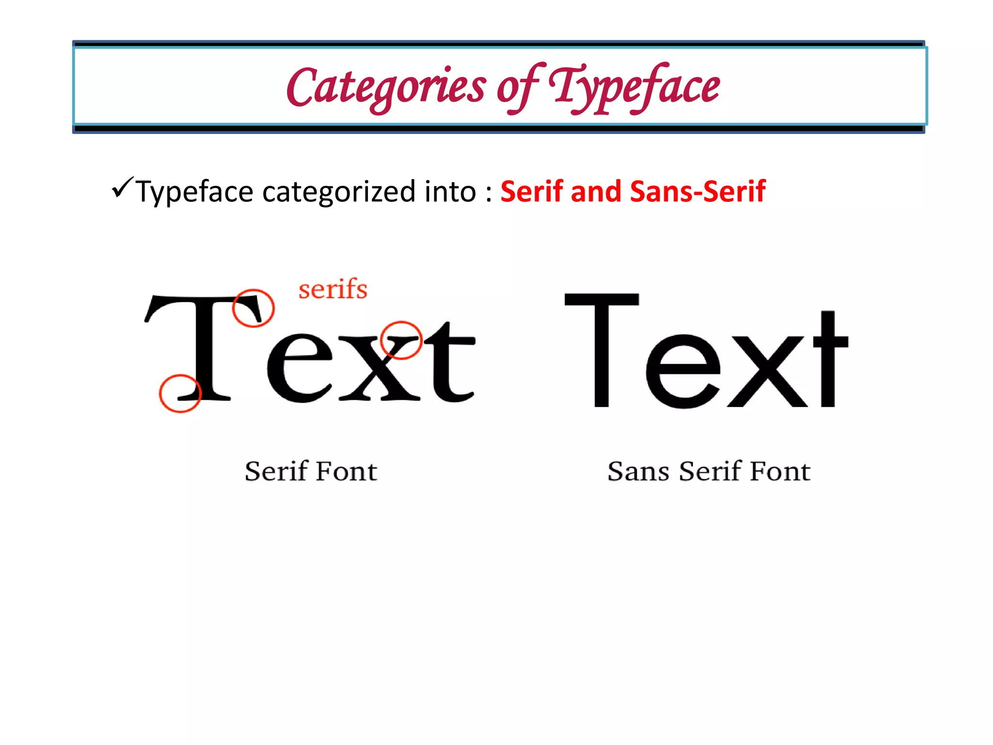 Categories of Typeface Typeface categorized into : Serif and Sans-Serif 