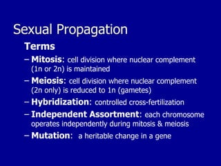 Sexual Propagation
Terms
– Mitosis: cell division where nuclear complement
(1n or 2n) is maintained
– Meiosis: cell division where nuclear complement
(2n only) is reduced to 1n (gametes)
– Hybridization: controlled cross-fertilization
– Independent Assortment: each chromosome
operates independently during mitosis & meiosis
– Mutation: a heritable change in a gene
 