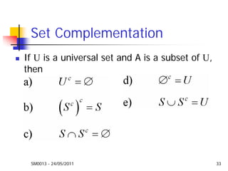 SM0013 - 24/05/2011 33
Set Complementation
If U is a universal set and A is a subset of U,
then
 