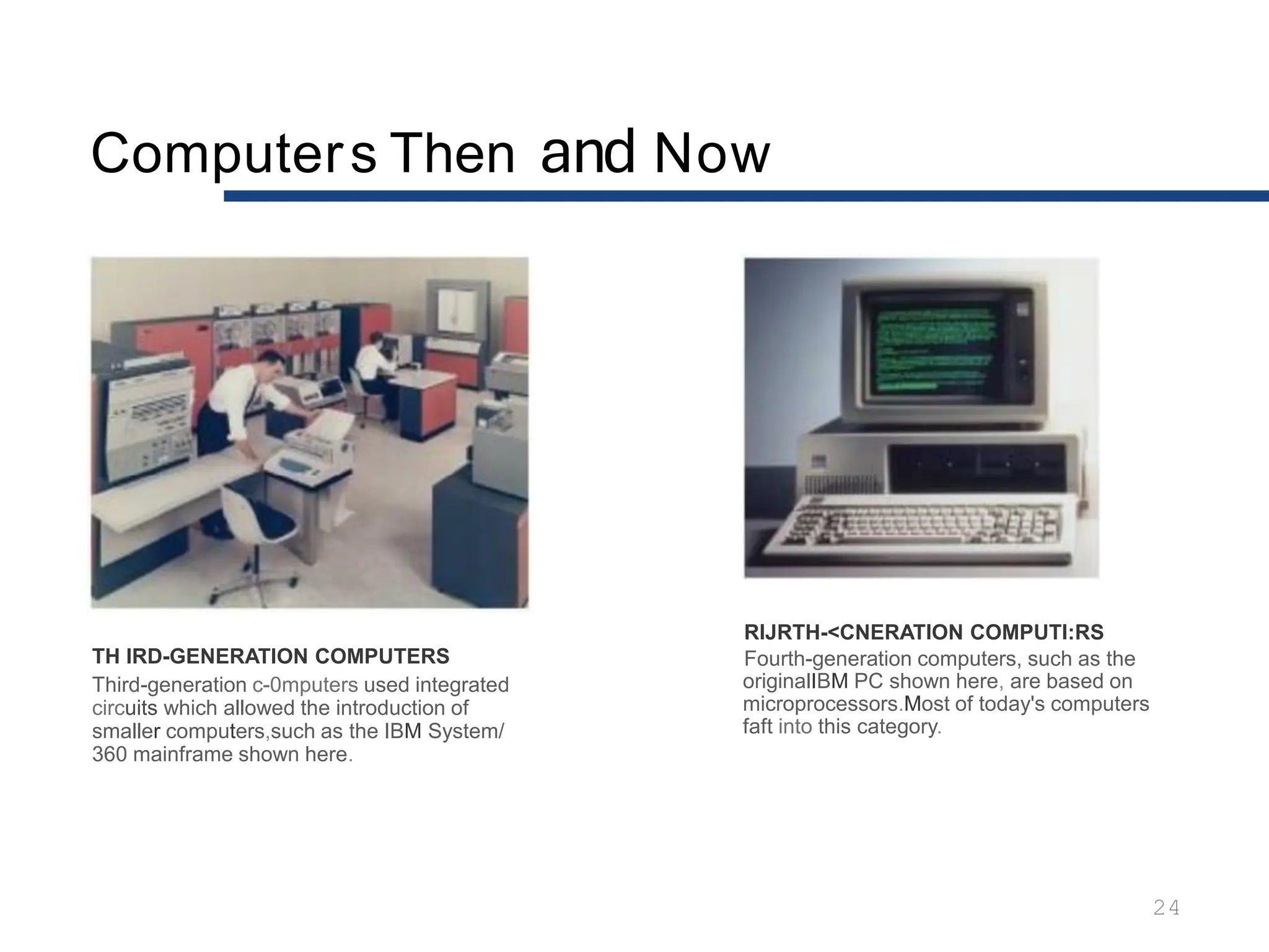 Computers Then and Now
24
TH IRD-GENERATION COMPUTERS
Third-generation c-0mputers used integrated
circuits which allowed the introduction of
smaller computers,such as the IBM System/
360 mainframe shown here.
RlJRTH-<CNERATION COMPUTI:RS
Fourth-generation computers, such as the
originalIBM PC shown here, are based on
microprocessors.Most of today's computers
faft into this category.
 