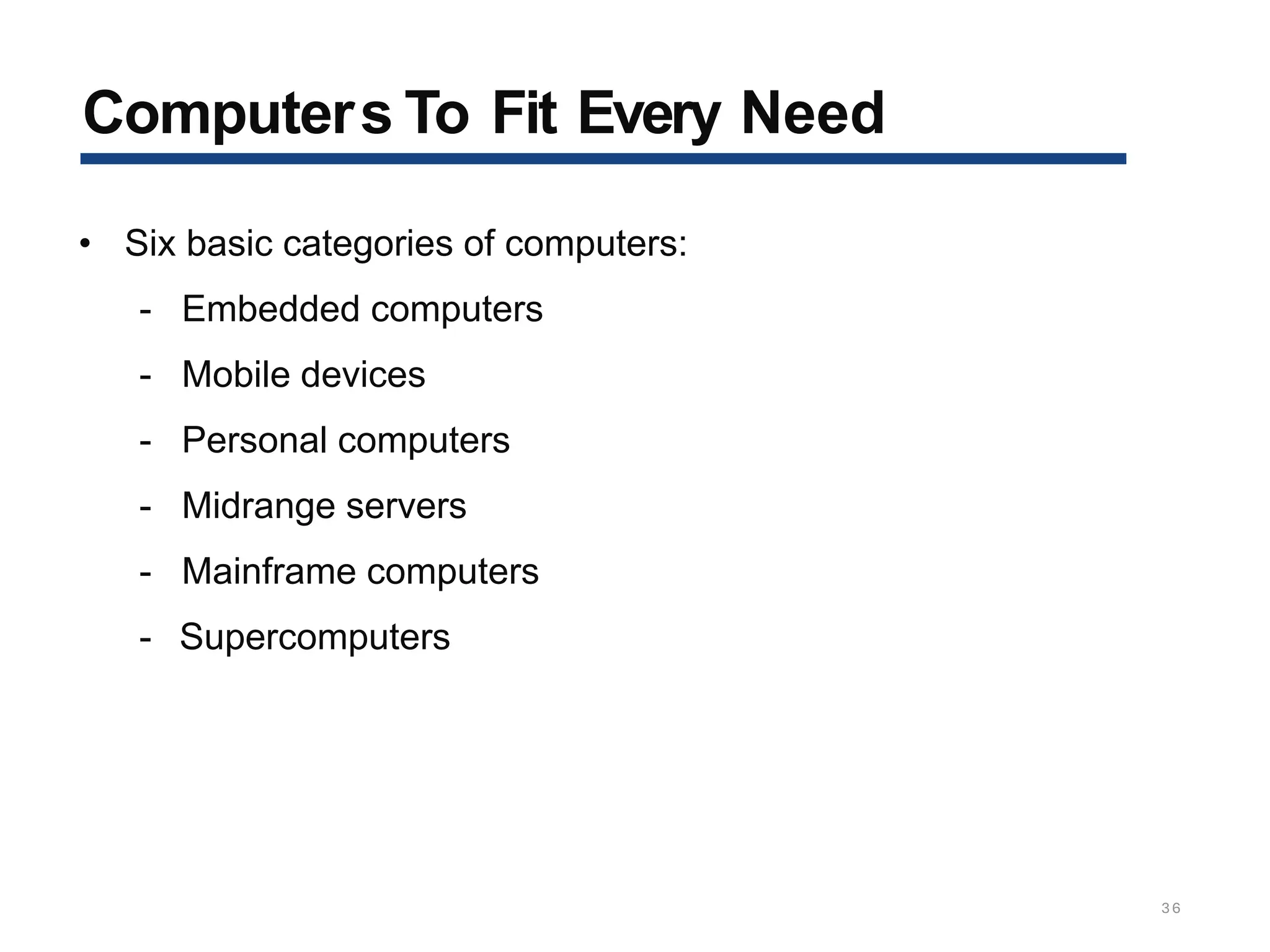 Computers To Fit Every Need
36
• Six basic categories of computers:
- Embedded computers
- Mobile devices
- Personal computers
- Midrange servers
- Mainframe computers
- Supercomputers
 