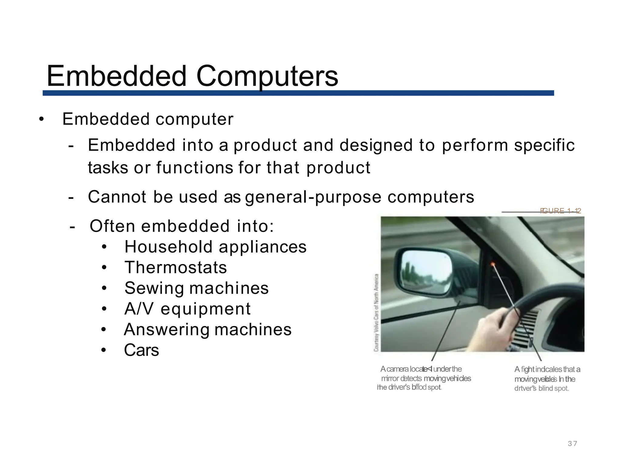 Embedded Computers
37
• Embedded computer
- Embedded into a product and designed to perform specific
tasks or functions for that product
- Cannot be used as general-purpose computers
F
I
GURE 1-12
- Often embedded into:
• Household appliances
• Thermostats
• Sewing machines
• A/V equipment
• Answering machines
• Cars
Acameralocate<Iunderthe
mirrordetects movingvehicles
I
n
l
he driver's bffodspot.
Afightindicalesthat a
movingveh
i
clei
sInthe
drtver"
s blind spot.
 