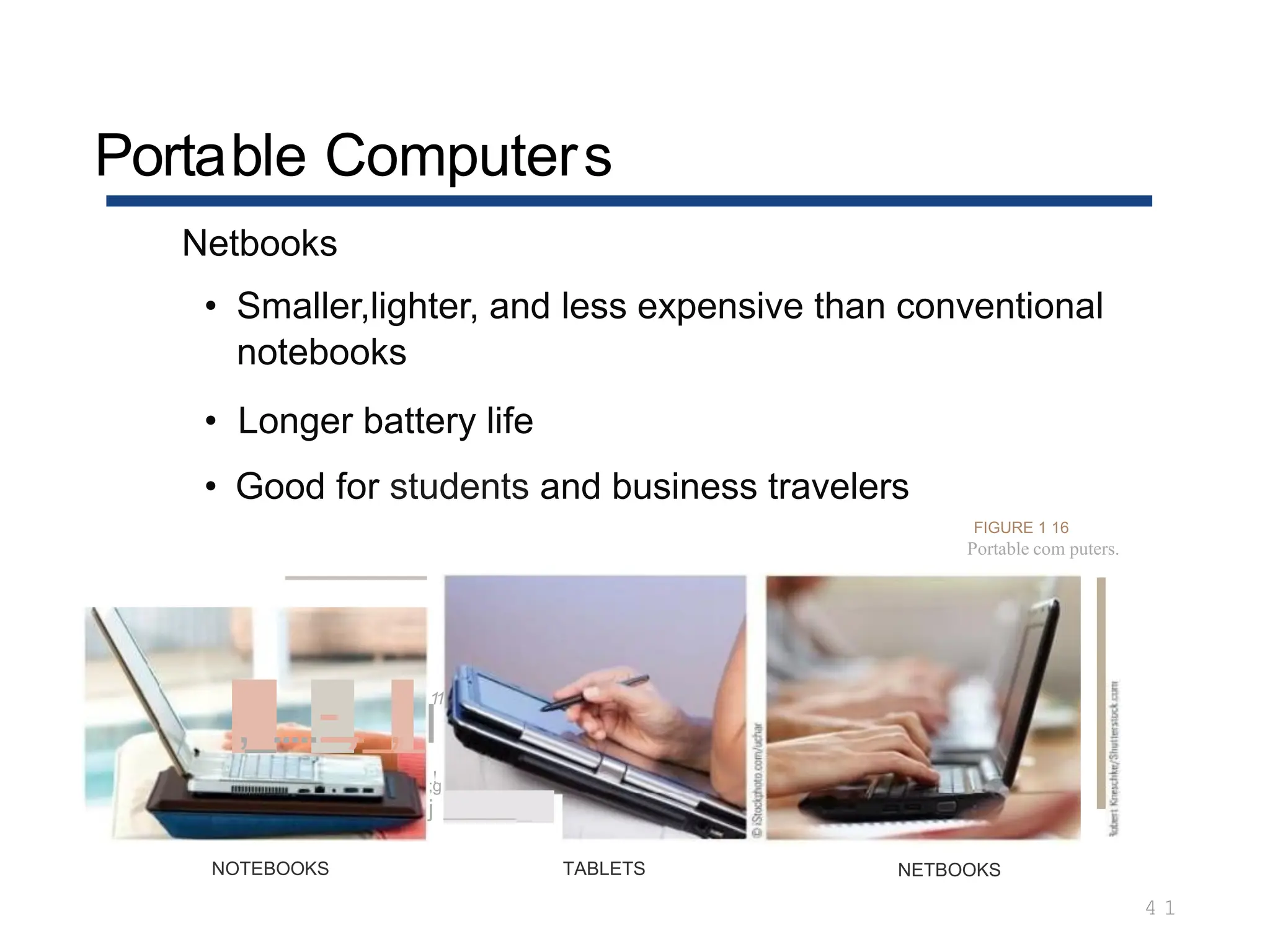 Portable Computers
4 1
Netbooks
• Smaller,lighter, and less expensive than conventional
notebooks
• Longer battery life
• Good for students and business travelers
FIGURE 1 16
Portable com puters.
1
1
,_.....:
:
:
:
:
.
.
.
.
.
,
,
.
._,,
_l
!
;g
j _
NOTEBOOKS TABLETS NETBOOKS
 