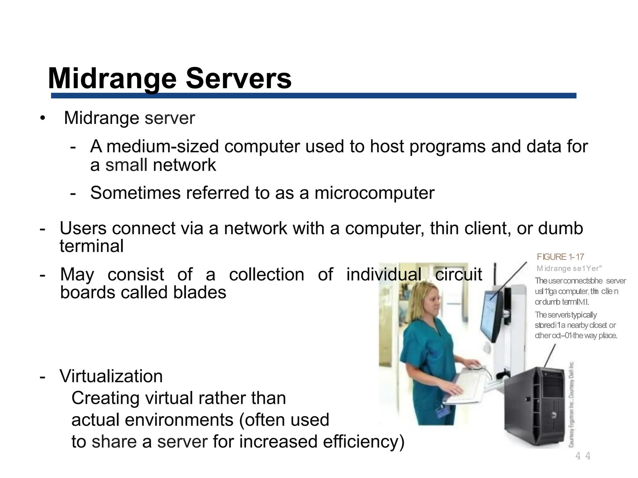 Midrange Servers
4 4
• Midrange server
- A medium-sized computer used to host programs and data for
a small network
- Sometimes referred to as a microcomputer
- Users connect via a network with a computer, thin client, or dumb
terminal
- May consist of a collection of individual circuit
boards called blades
- Virtualization
Creating virtual rather than
actual environments (often used
to share a server for increased efficiency)
FIGURE 1-17
M idrange se1Yer"
Theuserconnectsl
ol
he server
usl1
1
gacomputer,th
i
n cllen
ordumb termIMl.
Theserveri
stypically
storedi1a nearbycloset or
otheroo
t--01
-thewayplace.
 