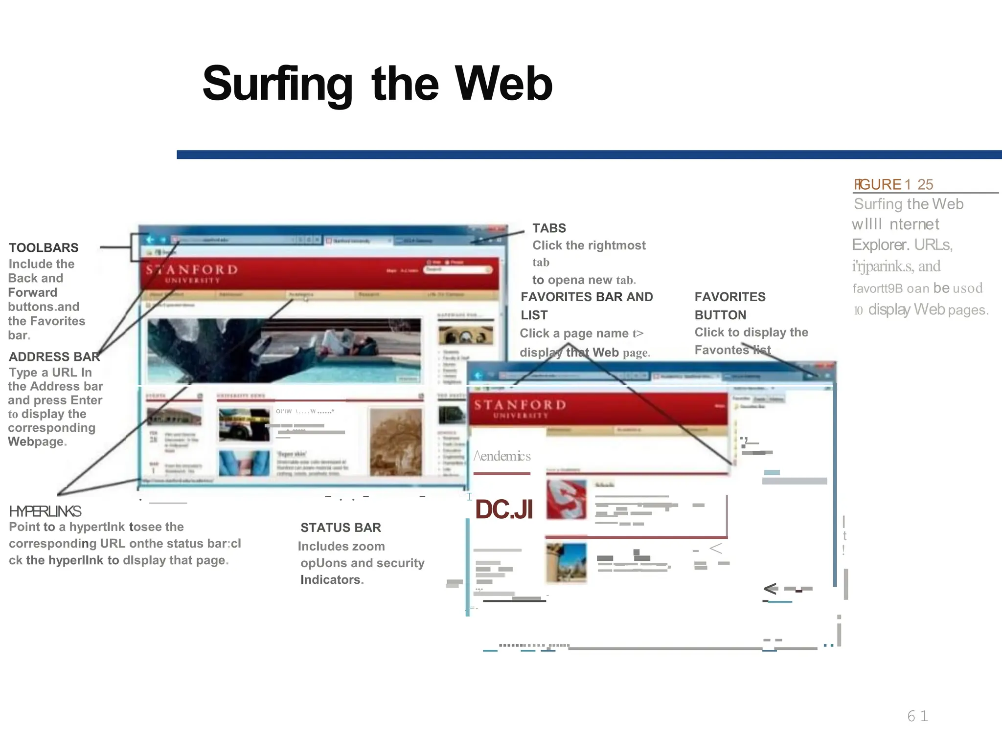 Surfing the Web
TOOLBARS
Include the
Back and
Forward
buttons.and
the Favorites
bar.
ADDRESS BAR
Type a URL In
the Address bar
and press Enter
to display the
corresponding
Webpage.
Ol'IW  . . . . w......•
-
-----
------
_......
/endemics
. - . . - - I
HYPE
RLIN
KS DC.JI
Point to a hypertlnk tosee the
corresponding URL onthe status bar:cl
ck the hyperllnk to dlsplay that page.
STATUS BAR
Includes zoom
opUons and security
Indicators.
TABS
Click the rightmost
tab
to opena new tab.
FAVORITES BAR AND
LIST
Click a page name t>
display that Web page.
FAVORITES
BUTTON
Click to display the
Favontes list
F
IGURE1 25
Surfing the Web
wllll nternet
Explorer. URLs,
i'rjparink.s, and
favortt9B oan be usod
10 display Webpages.
l
t
!
--- I
.,. _
. =
- -
- <
__-
_......_
.....
_
...... -
_- ..i
--
--
--
-
- -
.
.,_
-
---
=
-===- -
--
-
--
·-
--
·
=--
--·
-- - -
==
=
-
-==·
- <
-
6 1
 