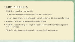 TERMINOLOGIES
• VIRION – a complete viral particle

 - in naked viruses virion is identical to the nucleocapsid
 - in enveloped viruses  must acquire envelope before it is considered a virion
• NUCLEOPCAPSID – a protein-nucleic acid complex

• VIROIDS – consist solely of a single molecule of circular RNA without a protein
 coat or envelope
• PRIONS – infectious protein particles composed solely of proteins
 