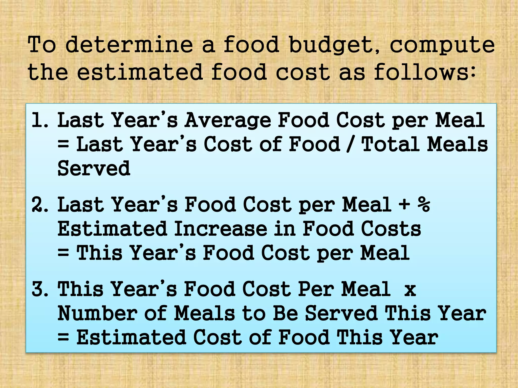 To determine a food budget, compute
the estimated food cost as follows:
1. Last Year’s Average Food Cost per Meal
= Last Year’s Cost of Food / Total Meals
Served
2. Last Year’s Food Cost per Meal + %
Estimated Increase in Food Costs
= This Year’s Food Cost per Meal
3. This Year’s Food Cost Per Meal x
Number of Meals to Be Served This Year
= Estimated Cost of Food This Year
 