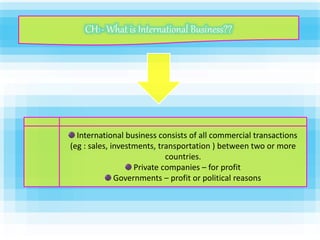 CH1- What is International Business?? 
International business consists of all commercial transactions 
(eg : sales, investments, transportation ) between two or more 
countries. 
Private companies – for profit 
Governments – profit or political reasons 
 