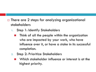    There are 2 steps for analyzing organizational
    stakeholders
    1. Step 1: Identify Stakeholders
       Think of all the people within the organization
         who are impacted by your work, who have
         influence over it, or have a stake in its successful
         completion.
    2. Step 2: Prioritize Stakeholders
       Which stakeholder influence or interest is at the
         highest priority.
 