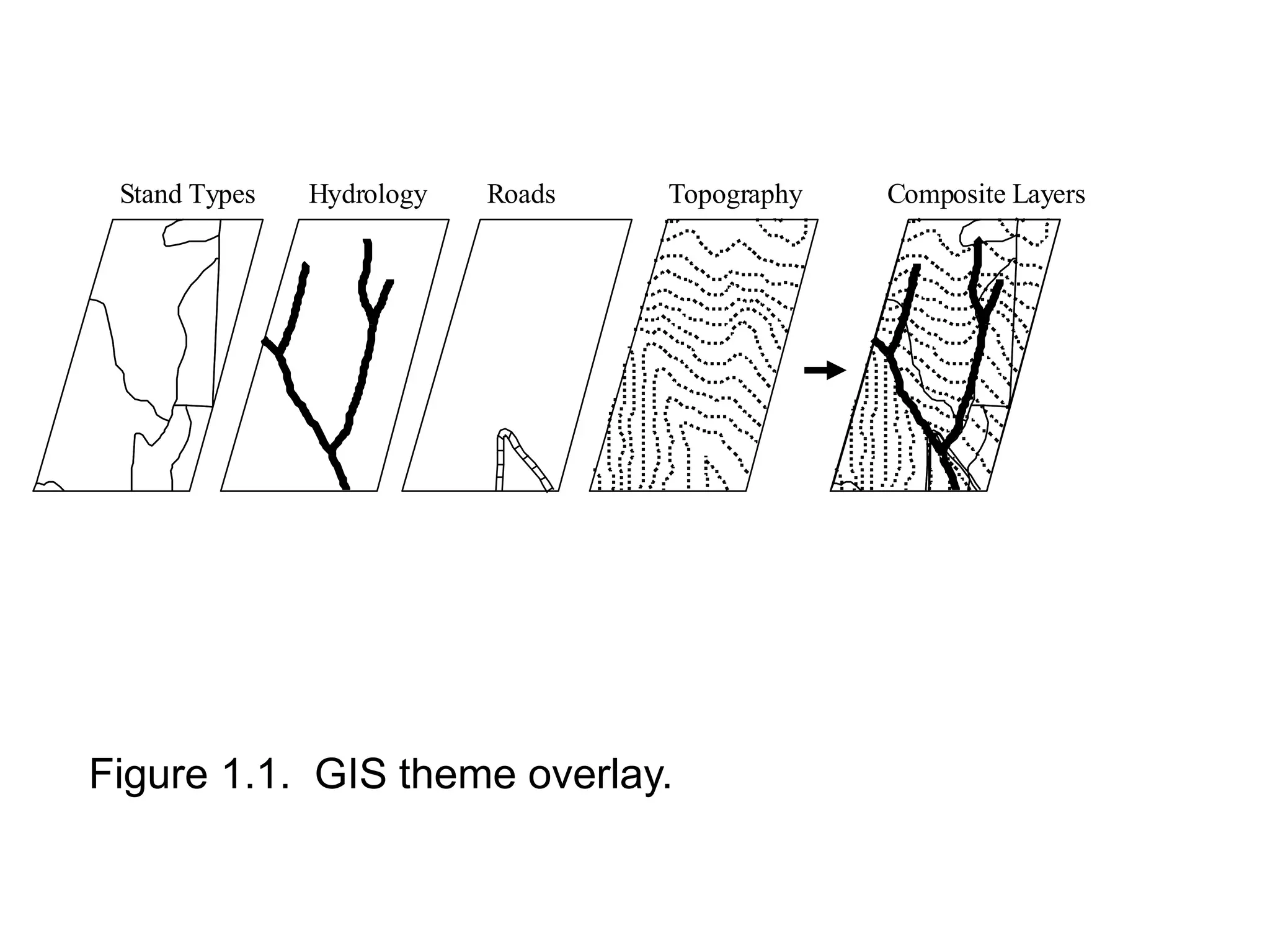 Stand Types Hydrology Roads Composite LayersTopography
Figure 1.1. GIS theme overlay.
 