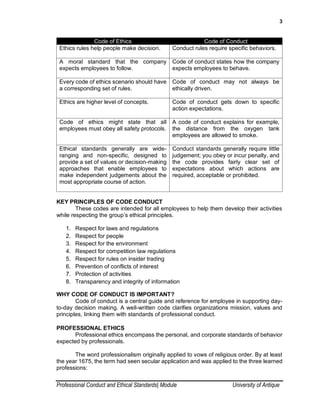 3
Professional Conduct and Ethical Standards| Module University of Antique
Code of Ethics Code of Conduct
Ethics rules help people make decision. Conduct rules require specific behaviors.
A moral standard that the company
expects employees to follow.
Code of conduct states how the company
expects employees to behave.
Every code of ethics scenario should have
a corresponding set of rules.
Code of conduct may not always be
ethically driven.
Ethics are higher level of concepts. Code of conduct gets down to specific
action expectations.
Code of ethics might state that all
employees must obey all safety protocols.
A code of conduct explains for example,
the distance from the oxygen tank
employees are allowed to smoke.
Ethical standards generally are wide-
ranging and non-specific, designed to
provide a set of values or decision-making
approaches that enable employees to
make independent judgements about the
most appropriate course of action.
Conduct standards generally require little
judgement; you obey or incur penalty, and
the code provides fairly clear set of
expectations about which actions are
required, acceptable or prohibited.
KEY PRINCIPLES OF CODE CONDUCT
These codes are intended for all employees to help them develop their activities
while respecting the group’s ethical principles.
1. Respect for laws and regulations
2. Respect for people
3. Respect for the environment
4. Respect for competition law regulations
5. Respect for rules on insider trading
6. Prevention of conflicts of interest
7. Protection of activities
8. Transparency and integrity of information
WHY CODE OF CONDUCT IS IMPORTANT?
Code of conduct is a central guide and reference for employee in supporting day-
to-day decision making. A well-written code clarifies organizations mission, values and
principles, linking them with standards of professional conduct.
PROFESSIONAL ETHICS
Professional ethics encompass the personal, and corporate standards of behavior
expected by professionals.
The word professionalism originally applied to vows of religious order. By at least
the year 1675, the term had seen secular application and was applied to the three learned
professions:
 