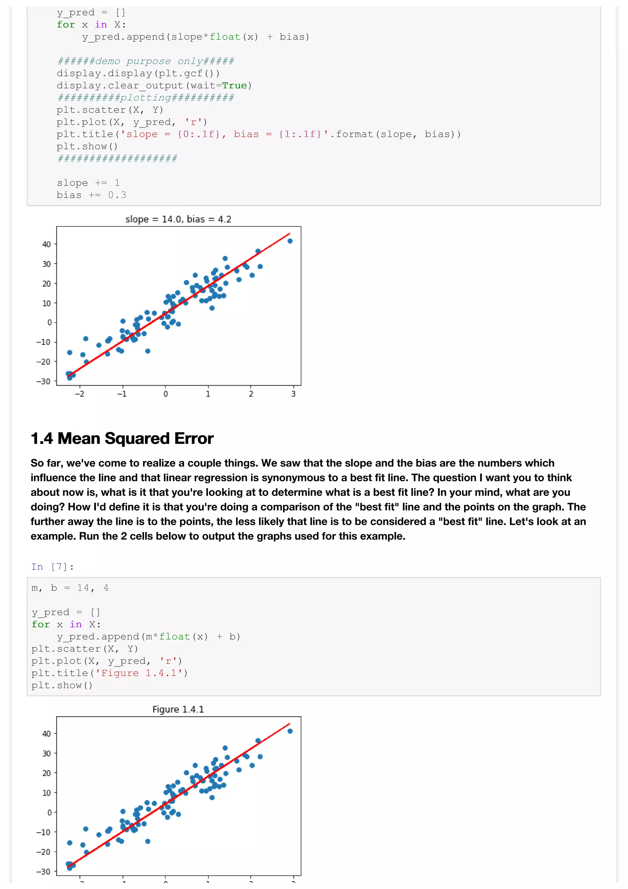 y_pred = []
for x in X:
y_pred.append(slope*float(x) + bias)
######demo purpose only#####
display.display(plt.gcf())
display.clear_output(wait=True)
##########plotting##########
plt.scatter(X, Y)
plt.plot(X, y_pred, 'r')
plt.title('slope = {0:.1f}, bias = {1:.1f}'.format(slope, bias))
plt.show()
###################
slope += 1
bias += 0.3
1.4 Mean Squared Error
So far, we've come to realize a couple things. We saw that the slope and the bias are the numbers which
influence the line and that linear regression is synonymous to a best fit line. The question I want you to think
about now is, what is it that you're looking at to determine what is a best fit line? In your mind, what are you
doing? How I'd define it is that you're doing a comparison of the "best fit" line and the points on the graph. The
further away the line is to the points, the less likely that line is to be considered a "best fit" line. Let's look at an
example. Run the 2 cells below to output the graphs used for this example.
In [7]:
m, b = 14, 4
y_pred = []
for x in X:
y_pred.append(m*float(x) + b)
plt.scatter(X, Y)
plt.plot(X, y_pred, 'r')
plt.title('Figure 1.4.1')
plt.show()
 