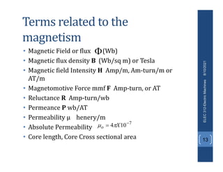 Terms related to the
magnetism
• Magnetic Field or flux (Wb)
• Magnetic flux density B (Wb/sq m) or Tesla
• Magnetic field Intensity H Amp/m, Am-turn/m or
AT/m
• Magnetomotive Force mmf F Amp-turn, or AT
• Reluctance R Amp-turn/wb
• Permeance P wb/AT
• Permeability µ henery/m
• Absolute Permeability
• Core length, Core Cross sectional area
8/10/2021
ELEC
312-Electric
Machines
13

7
10
4 
 X
o 

 