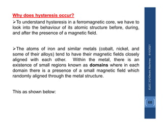 8/10/2021
ELEC
312-Electric
Machines
68
Why does hysteresis occur?
To understand hysteresis in a ferromagnetic core, we have to
look into the behaviour of its atomic structure before, during,
and after the presence of a magnetic field.
The atoms of iron and similar metals (cobalt, nickel, and
some of their alloys) tend to have their magnetic fields closely
aligned with each other. Within the metal, there is an
existence of small regions known as domains where in each
domain there is a presence of a small magnetic field which
randomly aligned through the metal structure.
This as shown below:
 
