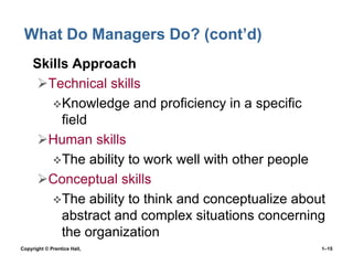 What Do Managers Do? (cont’d)
• Skills Approach
Technical skills
Knowledge and proficiency in a specific
field
Human skills
The ability to work well with other people
Conceptual skills
The ability to think and conceptualize about
abstract and complex situations concerning
the organization
Copyright © Prentice Hall,

1–15

 