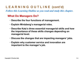 L E A R N I N G O U T L I N E (cont’d)
Follow this Learning Outline as you read and study this chapter.

What Do Managers Do?
• Describe the four functions of management.
• Explain Mintzberg’s managerial roles.
• Describe Katz’s three essential managerial skills and how
the importance of these skills changes depending on
managerial level.
• Discuss the changes that are impacting managers’ jobs.
• Explain why customer service and innovation are
important to the manager’s job.

Copyright © Prentice Hall,

1–3

 