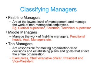 Classifying Managers
• First-line Managers
– Are at the lowest level of management and manage
the work of non-managerial employees.
Eg. Clerical supervisor, Foreman, Technical supervisor
• Middle Managers
– Manage the work of first-line managers. Functional
heads, Asst. Managers etc.
• Top Managers
– Are responsible for making organization-wide
decisions and establishing plans and goals that affect
the entire organization.
– Executives, Chief executive officer, President and
Vice-President
 
