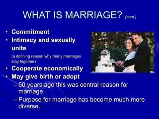 WHAT IS MARRIAGE? (cont.)
• Commitment
• Intimacy and sexually
unite
(a defining reason why many marriages
stay together)
• Cooperate economically
• May give birth or adopt
– 50 years ago this was central reason for
marriage.
– Purpose for marriage has become much more
diverse.
 