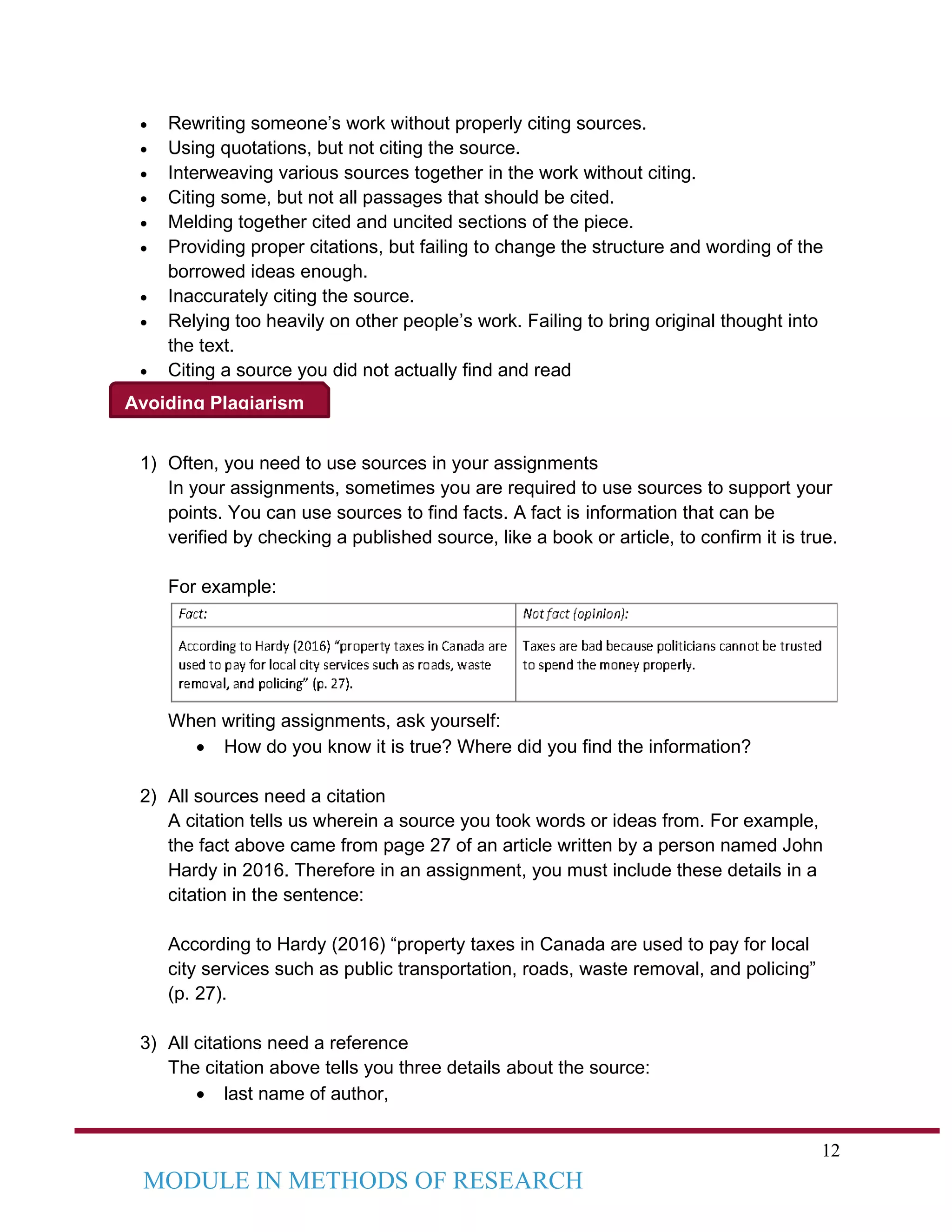 12
MODULE IN METHODS OF RESEARCH
Avoiding Plagiarism
• Rewriting someone’s work without properly citing sources.
• Using quotations, but not citing the source.
• Interweaving various sources together in the work without citing.
• Citing some, but not all passages that should be cited.
• Melding together cited and uncited sections of the piece.
• Providing proper citations, but failing to change the structure and wording of the
borrowed ideas enough.
• Inaccurately citing the source.
• Relying too heavily on other people’s work. Failing to bring original thought into
the text.
• Citing a source you did not actually find and read
1) Often, you need to use sources in your assignments
In your assignments, sometimes you are required to use sources to support your
points. You can use sources to find facts. A fact is information that can be
verified by checking a published source, like a book or article, to confirm it is true.
For example:
When writing assignments, ask yourself:
• How do you know it is true? Where did you find the information?
2) All sources need a citation
A citation tells us wherein a source you took words or ideas from. For example,
the fact above came from page 27 of an article written by a person named John
Hardy in 2016. Therefore in an assignment, you must include these details in a
citation in the sentence:
According to Hardy (2016) “property taxes in Canada are used to pay for local
city services such as public transportation, roads, waste removal, and policing”
(p. 27).
3) All citations need a reference
The citation above tells you three details about the source:
• last name of author,
 