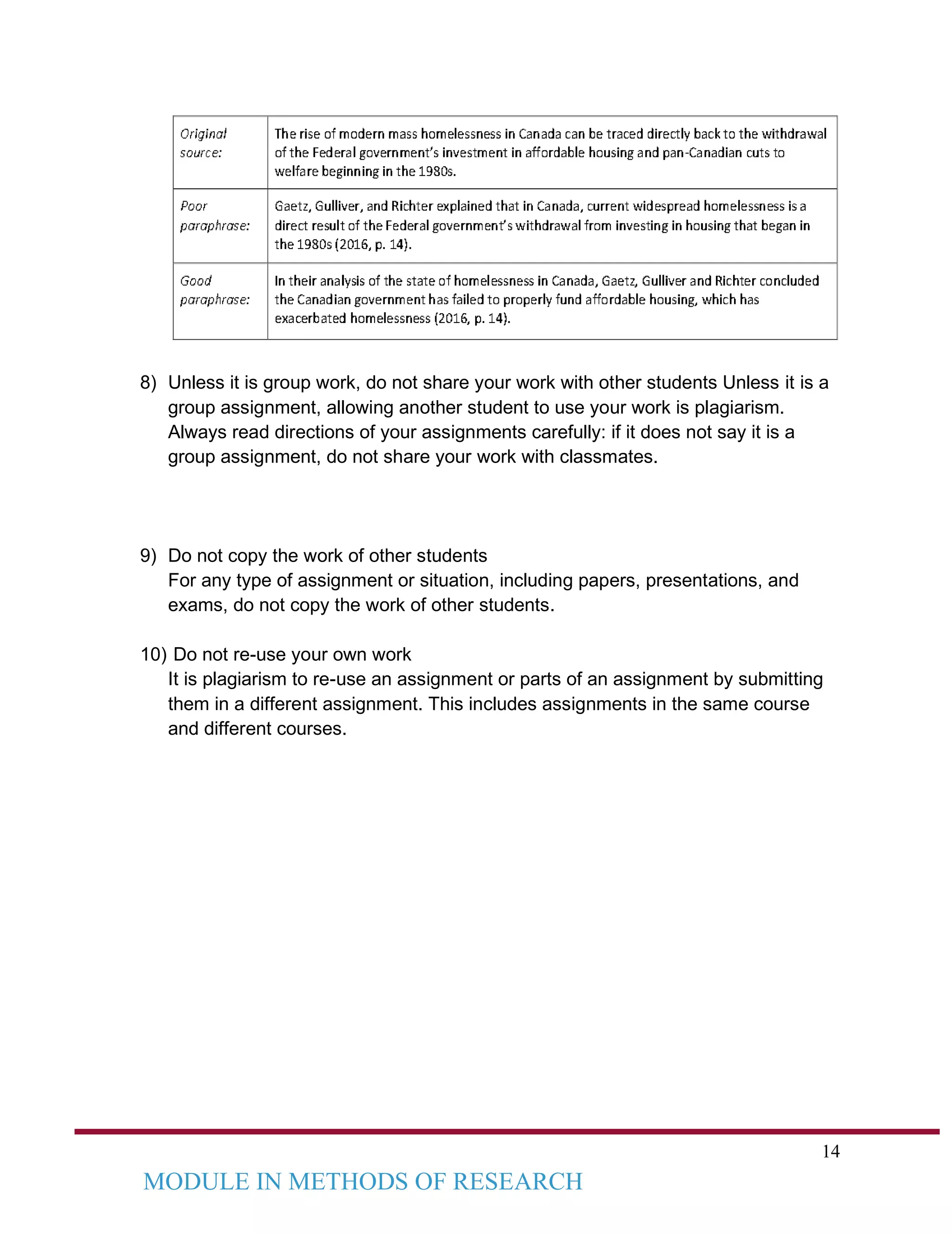 14
MODULE IN METHODS OF RESEARCH
8) Unless it is group work, do not share your work with other students Unless it is a
group assignment, allowing another student to use your work is plagiarism.
Always read directions of your assignments carefully: if it does not say it is a
group assignment, do not share your work with classmates.
9) Do not copy the work of other students
For any type of assignment or situation, including papers, presentations, and
exams, do not copy the work of other students.
10) Do not re-use your own work
It is plagiarism to re-use an assignment or parts of an assignment by submitting
them in a different assignment. This includes assignments in the same course
and different courses.
 
