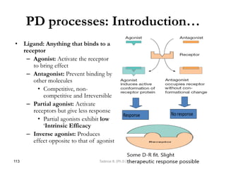 PD processes: Introduction…
• Ligand: Anything that binds to a
receptor
– Agonist: Activate the receptor
to bring effect
– Antagonist: Prevent binding by
other molecules
• Competitive, non-
competitive and Irreversible
– Partial agonist: Activate
receptors but give less response
• Partial agonists exhibit low
‗Intrinsic Efficacy
– Inverse agonist: Produces
effect opposite to that of agonist
113 Tadesse B. (Ph.D.)
 