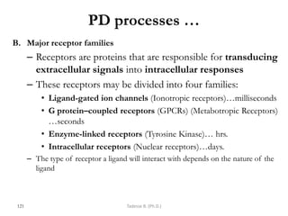 PD processes …
B. Major receptor families
– Receptors are proteins that are responsible for transducing
extracellular signals into intracellular responses
– These receptors may be divided into four families:
• Ligand-gated ion channels (Ionotropic receptors)…milliseconds
• G protein–coupled receptors (GPCRs) (Metabotropic Receptors)
…seconds
• Enzyme-linked receptors (Tyrosine Kinase)… hrs.
• Intracellular receptors (Nuclear receptors)…days.
– The type of receptor a ligand will interact with depends on the nature of the
ligand
121 Tadesse B. (Ph.D.)
 