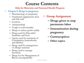 Course Contents
Only for Maternity and Neonatal Health Program
• Chapter 5: Drugs in pregnancy
– Pharmacology of pregnancy
– Nutritional supplements: Iron
and folic acid
– Laxatives
– Antimicrobials
– Cough or cold remedies
– Drugs to reduce gastric acidity
– Drugs used for Pain relief,
headache, and fever
– Agents used for treatment of
Constipation, hemorrhoids,
and diarrhea
– Drugs used for management
of allergic reactions
– Drugs used to manage
Insomnia
– Drugs for the Management of
Rhesus incompatibility
• Group Assignment
– Drugs given to stop
premature labor
– Immunization during
pregnancy
– Contraceptives
– Other topics
Tadesse B. (Ph.D.) 3
 