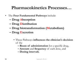 Pharmacokinetics Processes…
• The Four Fundamental Pathways include:
– Drug Absorption
– Drug Distribution
– Drug biotransformation (Metabolism)
– Drug Excretion
• These Pathways influences the clinician's decision
of the
– Route of administration for a specific drug,
– Amount and frequency of each dose, and
– Dosing intervals.
35 Tadesse B. (Ph.D.)
 