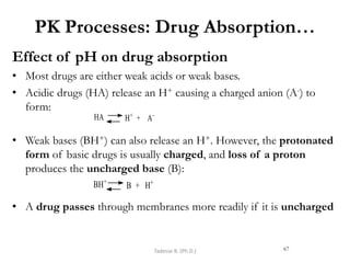 PK Processes: Drug Absorption…
Effect of pH on drug absorption
• Most drugs are either weak acids or weak bases.
• Acidic drugs (HA) release an H+ causing a charged anion (A-) to
form:
• Weak bases (BH+) can also release an H+. However, the protonated
form of basic drugs is usually charged, and loss of a proton
produces the uncharged base (B):
• A drug passes through membranes more readily if it is uncharged
67
Tadesse B. (Ph.D.)
 