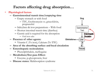Factors affecting drug absorption…
• Physiological factors
– Gastrointestinal transit time/emptying time
– Empty stomach or with food
– TTC, Erythromycin vs. griseofulvin,
propranolol
– Salicylates & iron preparations – With food
– Shorten intestinal transit time (diarrhea)
– Gastric acid is required for the absorption
– Oral iron salts
– Presence of other agents:
• Vitamin C (Vs iron), Calcium (Vs TTC)
– Area of the absorbing surface and local circulation
– Enterohepatic recirculation:
• Phenolphthalein, mefloquine
– Metabolism/first pass Effect:
• Enzyme, p-glycoprotein, liver
– Disease states: Malabsorption syndrome
Tadesse B. (Ph.D.) 71
 