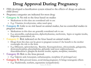 Drug Approval During Pregnancy
Tadesse B. (Ph.D.) 74
• FDA developed a classification system related to the effects of drugs on unborn
child (fetus)
• Pregnancy categories are indicated for most drug:
• Category A: No risk to the fetus based on studies
– Medications in this class are considered safe to use
– E.g.: Vitamins, levothyroxine, saline nasal spray
• Category B: Little to no risk based on animal studies, but no controlled studies in
pregnant women
– Medications in this class are generally considered safe to use
– E.g. amoxicillin, cephalosporins, diphenhydramine, metformin, lispro or regular insulin,
ibuprofen, paracetamol, etc.
• Category C: Risk indicated on the fetus based on animal studies
– Drugs from this class can be given to pregnant women if the benefit to the mother
overweighs the risk to the fetus
– E.g. Diltiazem, spironolactone, Bactrim, fluoroquinolones, ethosuximide, gabapentin,
dextromethorphan, phenylephrine, glyburide (and most sulphonylureas),
thiazolidinedione's, glargine & detemir insulin, aspirin, morphine, tramadol,
• Category D: Risk to the fetus proved.
– E.g. Valproic acid, lorazepam, carbamazepine, morphine (if prolonged use)
• Category X: Risk proved; hence, avoid during pregnancy. It brings teratogenic effects
– E.g. Thalidomide, warfarin, ergotamine (sympatholytic)
 