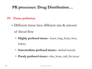 PK processes: Drug Distribution…
IV. Tissue perfusion:
– Different tissue have different rate & amount
of blood flow
• Highly perfused tissue:- heart, lung, brain, liver,
kidney
• Intermediate perfused tissue:- skeletal muscle
• Poorly perfused tissue:- skin, bone, nail, fat tissue
84 Tadesse B. (Ph.D.)
 