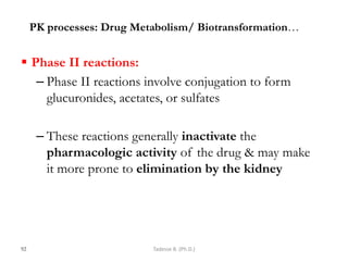 PK processes: Drug Metabolism/ Biotransformation…
 Phase II reactions:
– Phase II reactions involve conjugation to form
glucuronides, acetates, or sulfates
– These reactions generally inactivate the
pharmacologic activity of the drug & may make
it more prone to elimination by the kidney
92 Tadesse B. (Ph.D.)
 