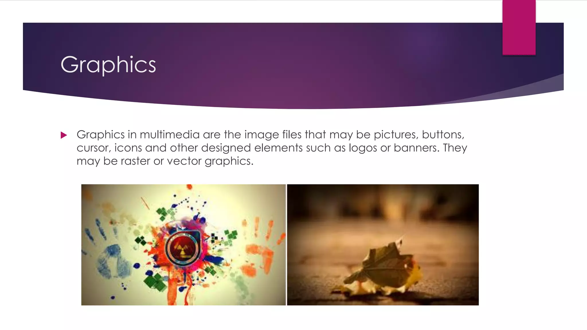 Graphics
 Graphics in multimedia are the image files that may be pictures, buttons,
cursor, icons and other designed elements such as logos or banners. They
may be raster or vector graphics.
 
