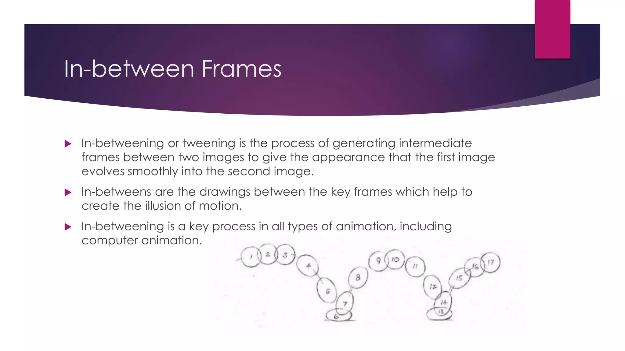 In-between Frames
 In-betweening or tweening is the process of generating intermediate
frames between two images to give the appearance that the first image
evolves smoothly into the second image.
 In-betweens are the drawings between the key frames which help to
create the illusion of motion.
 In-betweening is a key process in all types of animation, including
computer animation.
 