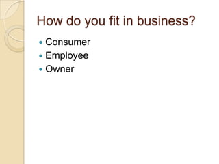 How do you fit in business?ConsumerEmployeeOwner