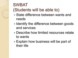 SWBAT(Students will be able to)State difference between wants and needsIdentify the difference between goods and servicesDescribe how limited resources relate to wantsExplain how business will be part of their life