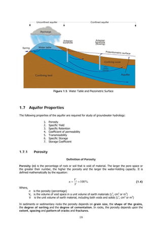 19
Figure 1.5 Water Table and Piezometric Surface
1.7 Aquifer Properties
The following properties of the aquifer are required for study of groundwater hydrology:
1. Porosity
2. Specific Yield
3. Specific Retention
4. Coefficient of permeability
5. Transmissibility
6. Specific Storage
7. Storage Coefficient
1.7.1 Porosity
Definition of Porosity
Porosity (n) is the percentage of rock or soil that is void of material. The larger the pore space or
the greater their number, the higher the porosity and the larger the water-holding capacity. It is
defined mathematically by the equation:
%100×=
V
V
n v
(1.4)
Where,
n is the porosity (percentage)
Vv is the volume of void space in a unit volume of earth materials (L3
, cm3
or m3
)
V is the unit volume of earth material, including both voids and solids (L3
, cm3
or m3
)
In sediments or sedimentary rocks the porosity depends on grain size, the shape of the grains,
the degree of sorting and the degree of cementation. In rocks, the porosity depends upon the
extent, spacing and pattern of cracks and fractures.
 