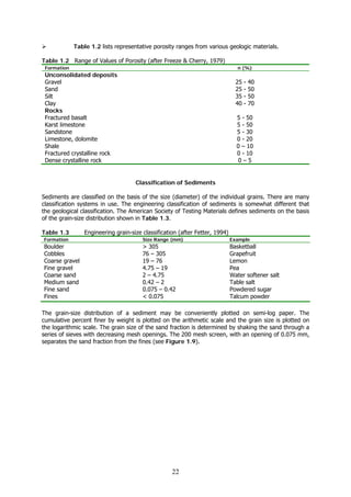22
Table 1.2 lists representative porosity ranges from various geologic materials.
Table 1.2 Range of Values of Porosity (after Freeze & Cherry, 1979)
Formation n (%)
Unconsolidated deposits
Gravel
Sand
Silt
Clay
Rocks
Fractured basalt
Karst limestone
Sandstone
Limestone, dolomite
Shale
Fractured crystalline rock
Dense crystalline rock
25 - 40
25 - 50
35 - 50
40 - 70
5 - 50
5 - 50
5 - 30
0 - 20
0 – 10
0 - 10
0 – 5
Classification of Sediments
Sediments are classified on the basis of the size (diameter) of the individual grains. There are many
classification systems in use. The engineering classification of sediments is somewhat different that
the geological classification. The American Society of Testing Materials defines sediments on the basis
of the grain-size distribution shown in Table 1.3.
Table 1.3 Engineering grain-size classification (after Fetter, 1994)
Formation Size Range (mm) Example
Boulder
Cobbles
Coarse gravel
Fine gravel
Coarse sand
Medium sand
Fine sand
Fines
> 305
76 – 305
19 – 76
4.75 – 19
2 – 4.75
0.42 – 2
0.075 – 0.42
< 0.075
Basketball
Grapefruit
Lemon
Pea
Water softener salt
Table salt
Powdered sugar
Talcum powder
The grain-size distribution of a sediment may be conveniently plotted on semi-log paper. The
cumulative percent finer by weight is plotted on the arithmetic scale and the grain size is plotted on
the logarithmic scale. The grain size of the sand fraction is determined by shaking the sand through a
series of sieves with decreasing mesh openings. The 200 mesh screen, with an opening of 0.075 mm,
separates the sand fraction from the fines (see Figure 1.9).
 